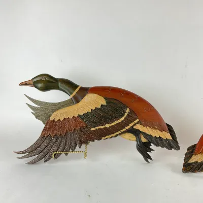 932 Pair of Hand-Carved & Painted Flying Mallard Wall Sculptures – Valle de Ángeles, Honduras