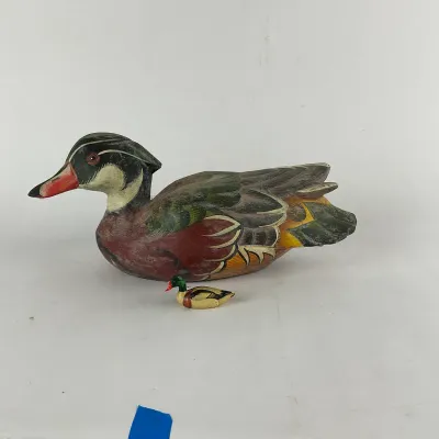 930 Hand-Carved & Painted Wood Duck Decoy with ANRI "Field Duck" Miniature