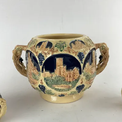 939 Vintage Gerz German Stoneware Rhine Castle Wine Cooler & 6 Mug Set