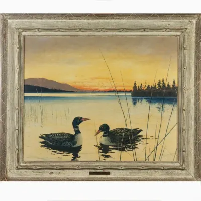 994 Original Carl Ivar Gilbert (1882–1959) Oil on Canvas "Lonesly Loons" (May 1947)