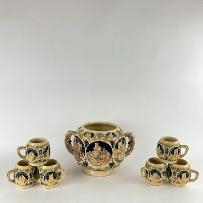 939 Vintage Gerz German Stoneware Rhine Castle Wine Cooler & 6 Mug Set