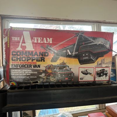 Vintage 1983 LJN Rough Riders "The A-Team" Command Chopper with Motorized Enforcer Van toy set in its original box, showing...