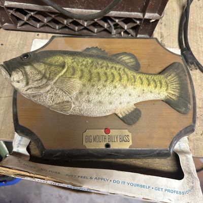 Big Mouth Billy Bass animatronic singing fish mounted on a faux wooden plaque, late 1990s to early 2000s novelty item.