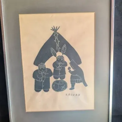 Framed Inuit print titled "Union of All Mankind" by artist Helen Kalvak