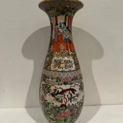 Vintage Oriental Style Porcelain Vase with Birds, Flowers & Court Scene
