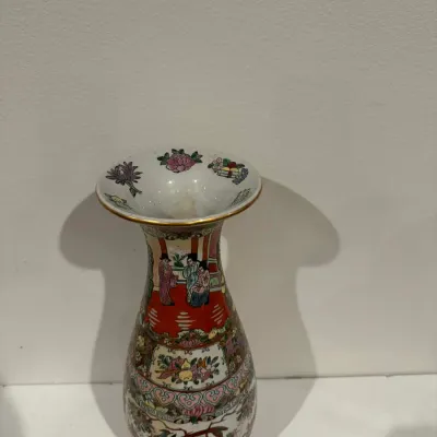 Vintage Oriental Style Porcelain Vase with Birds, Flowers & Court Scene