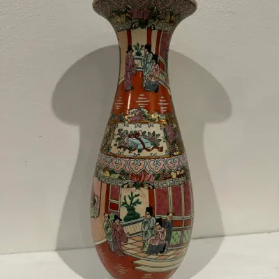 Vintage Oriental Style Porcelain Vase with Birds, Flowers & Court Scene
