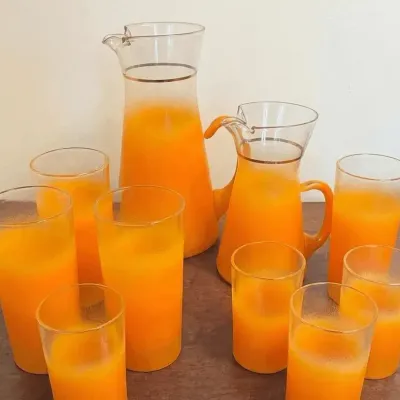Vintage Blendo Orange Frosted Pitcher and Matching Glasse