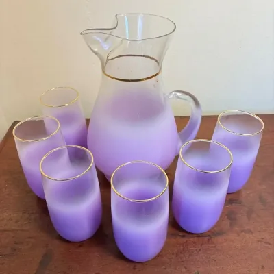 Vintage Blendo Frosted Glass Purple Pitcher and 6 Glasses