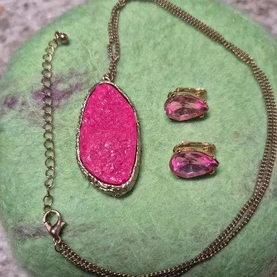 Coral Druzy Necklace & coodinate Earrings [23g]