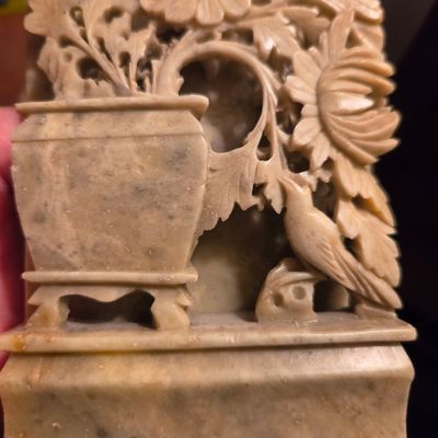 Vintage Chinese Hand Carved Soapstone Sculpture with Vase, Flowers, and Bird