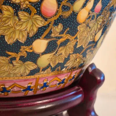 Large Cache Pot w/ Floral & Koi Fish Design and Stand (E-JS)