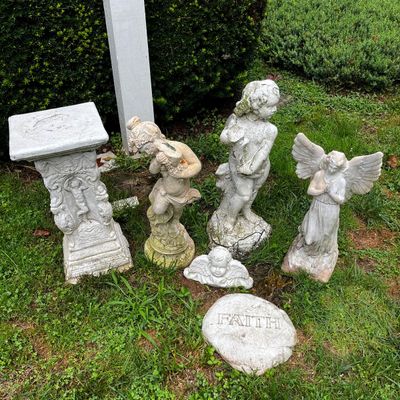 Ornate Concrete Grecian-Style Pillar with Cherub Garden Statues & More (FY-KA)