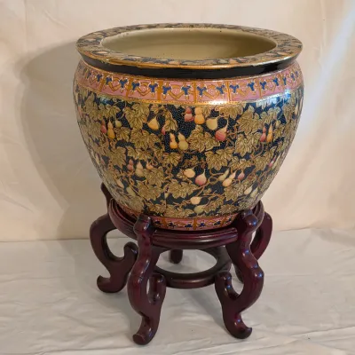 Large Cache Pot w/ Floral & Koi Fish Design and Stand (E-JS)