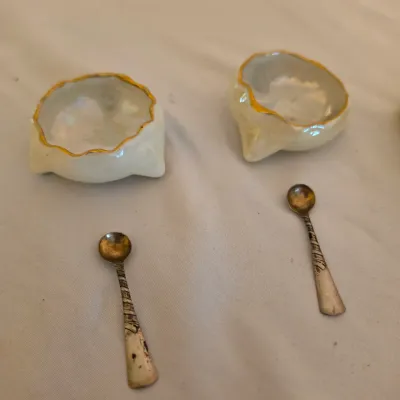 Six Belleek & Austrian Porcelain Salt Cellars w/Sterling Spoons (LR-JS)