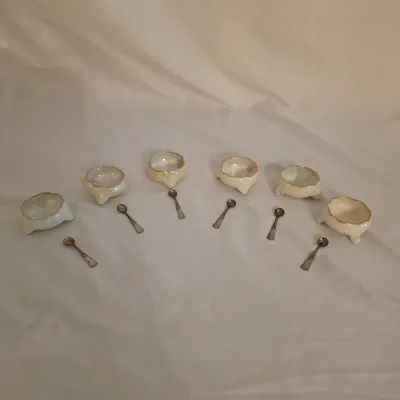 Six Belleek & Austrian Porcelain Salt Cellars w/Sterling Spoons (LR-JS)
