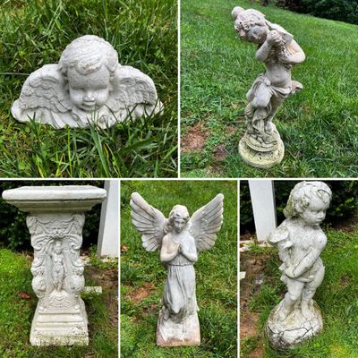 Ornate Concrete Grecian-Style Pillar with Cherub Garden Statues & More (FY-KA)