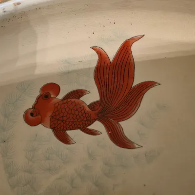 Large Cache Pot w/ Floral & Koi Fish Design and Stand (E-JS)