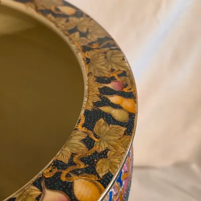 Large Cache Pot w/ Floral & Koi Fish Design and Stand (E-JS)