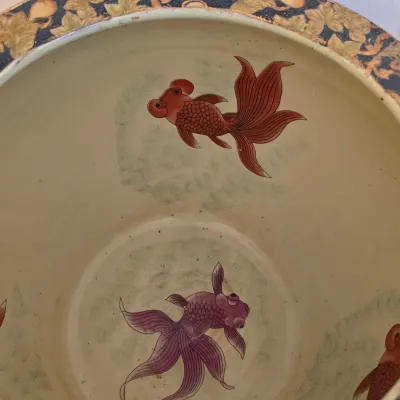 Large Cache Pot w/ Floral & Koi Fish Design and Stand (E-JS)