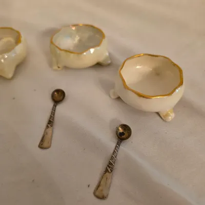 Six Belleek & Austrian Porcelain Salt Cellars w/Sterling Spoons (LR-JS)