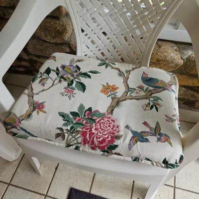 Two Adams Plastic Patio Chairs w/Bird Cushions (FP-JS)