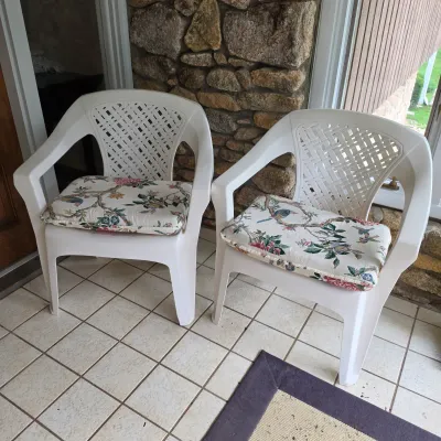 Two Adams Plastic Patio Chairs w/Bird Cushions (FP-JS)