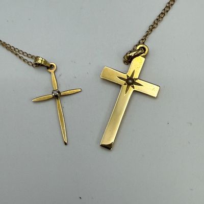 Two 14K Gold Cross Pendants & Chains (ST-SS)