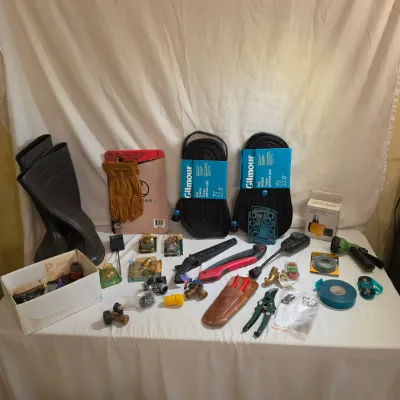 Assortment of Garden Tools, Hoses, Boots & More (G-JS)