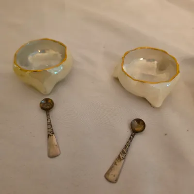Six Belleek & Austrian Porcelain Salt Cellars w/Sterling Spoons (LR-JS)