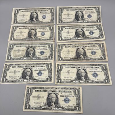 LOT 27: One Dollar Silver Certificates (9) Series 1957, 1957 B, 1935, 1935 G