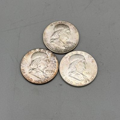 LOT 34: Franklin 90% Silver Half Dollars (3) - All Philadelphia Mint ( No Mark - !960 (2), 1963
