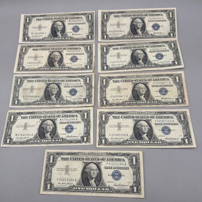 LOT 27: One Dollar Silver Certificates (9) Series 1957, 1957 B, 1935, 1935 G
