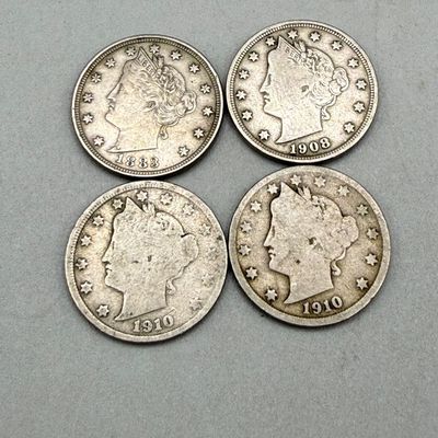 LOT 38: Antique US Coins - Liberty "V" Nickels (4) - 1883, 1908, 1910 (2)