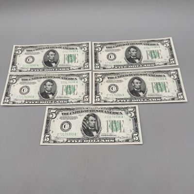 LOT 31: Five Dollar Silver Certificates (5) Series 1934 A