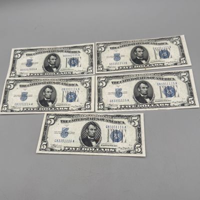 LOT 33: Five Dollar Silver Certificates (5) Series 1934 A