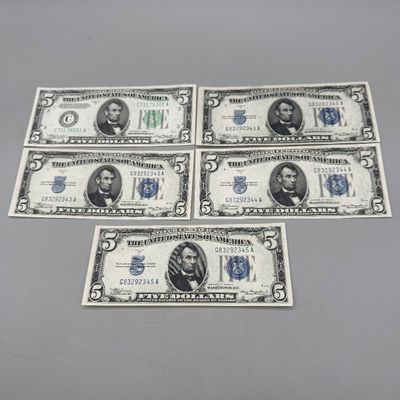 LOT 32: Five Dollar Silver Certificates (5) Series 1934 A