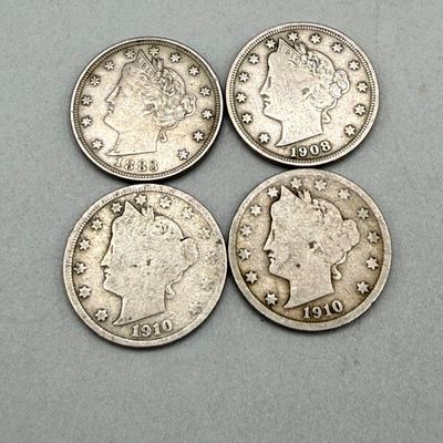 LOT 38: Antique US Coins - Liberty "V" Nickels (4) - 1883, 1908, 1910 (2)