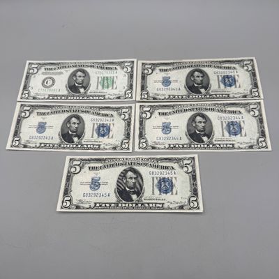 LOT 32: Five Dollar Silver Certificates (5) Series 1934 A