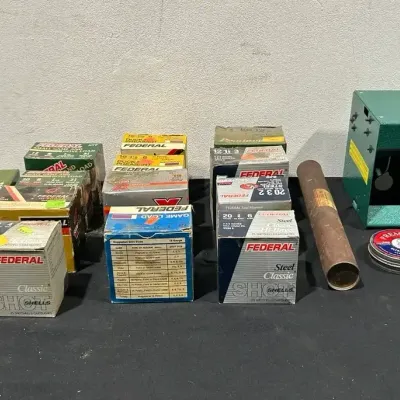 Vintage Outdoorsman Lot: Gamo Rocker Pellet Trap, Ammo Boxes & Accessories