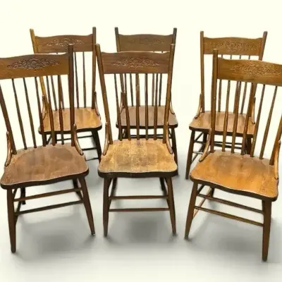 Vintage Solid Oak Carved Pressed Back Dining Chairs - Set of 6