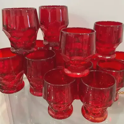 MCM Georgian Honeycomb Heavy Pressed Viking Ruby Red Barware- 3 1/2 “ Set Of 8, 4” Set Of 7