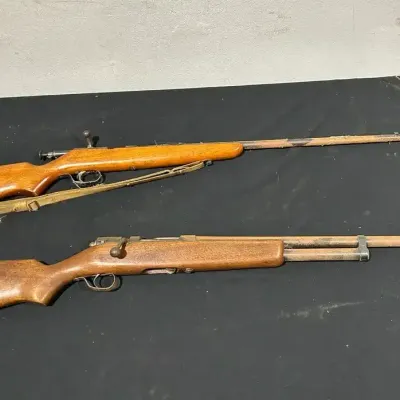 Vintage Bolt Action .22 LR Rifles: Pair of Classic Wooden Stock Long Guns