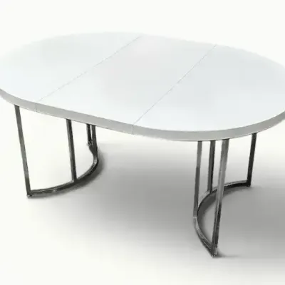 Mid-Century Modern Extendable White Oval Dining Table with Chrome Arch Base