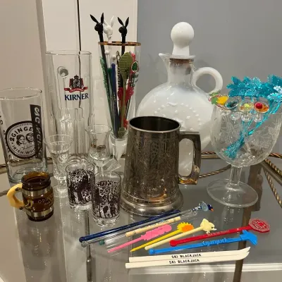 Bartlett Collin’s Goblet, Tankard Glass Bottom, German Shot Glasses, Beam Decanter, Cocktail Stirs +