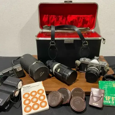 Nikkormat FTN 35mm SLR Camera, Contax 200mm F/3.5 Telephoto Lens & Extras 