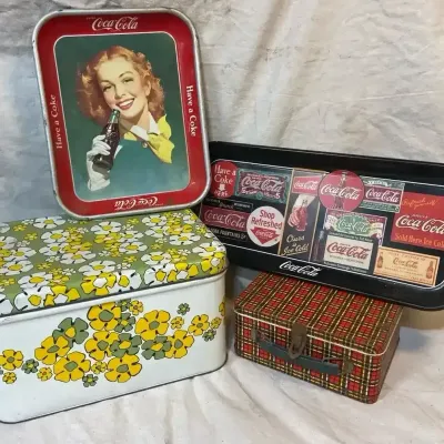Vintage Mid Century Bread Box Tin, Coca-Cola Trays, & Old School Lunch Box