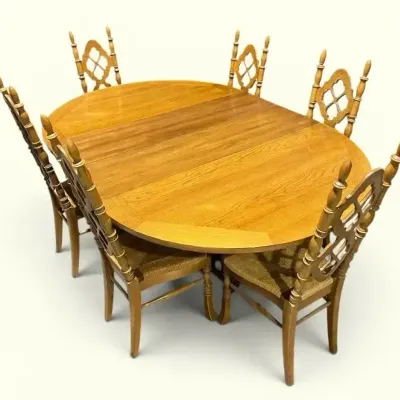 Vintage Solid Oak Oval Dining Set with 6 Wheat-Back Rush Seat Chairs