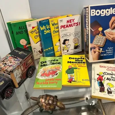 Vintage Tin Litho Turtle, ‘60’s Peanuts, Dennis The Menace Paperbacks, Wolfgang Tin Bank, Boggle