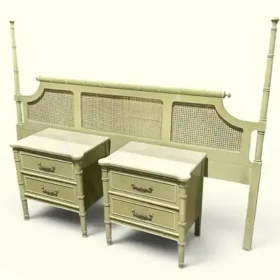 Midcentury Modern Henry Link Bali Hai Faux Bamboo Bed-frame & Nightstands Set